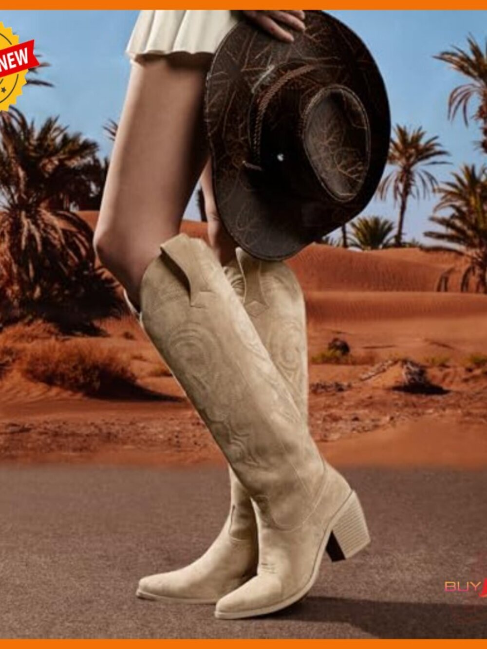 Knee High Cowboy Boots with Side Zipper, 3 Inch Heel, Faux Suede - Picture 2 of 7
